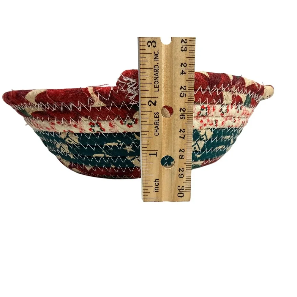 Handmade‎ Coiled Fabric Basket Vintage Americana Red White Blue Folk Art 8 inch